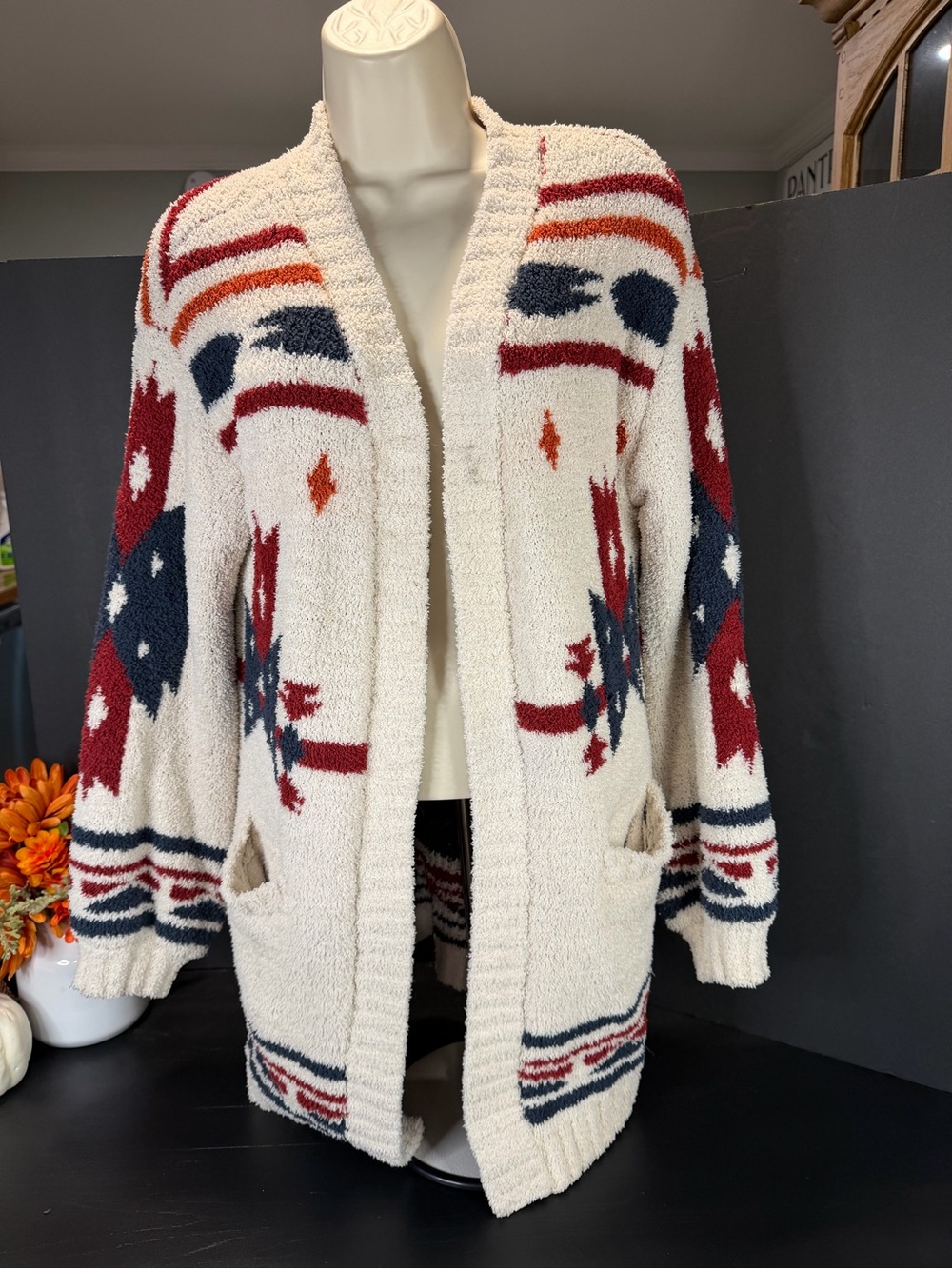 audrey Cream Open-Front Cardigan with Red & Navy Tribal Motif